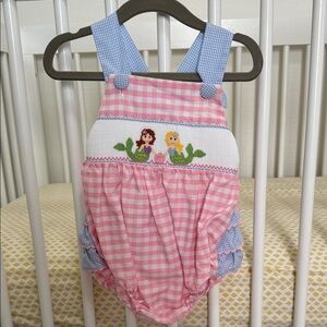 Pink Gingham Mermaid Smocked Ruffle Butt Bubble